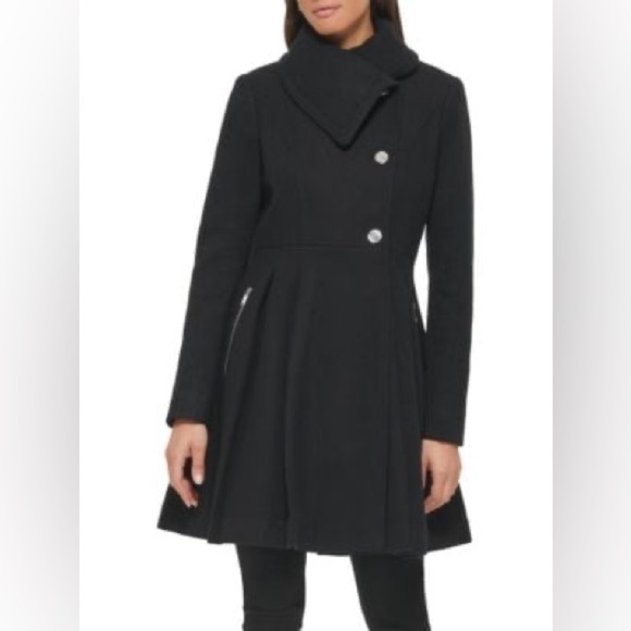 GUESS Pleated Wool Blend Flared Coat - Picture 1 of 10